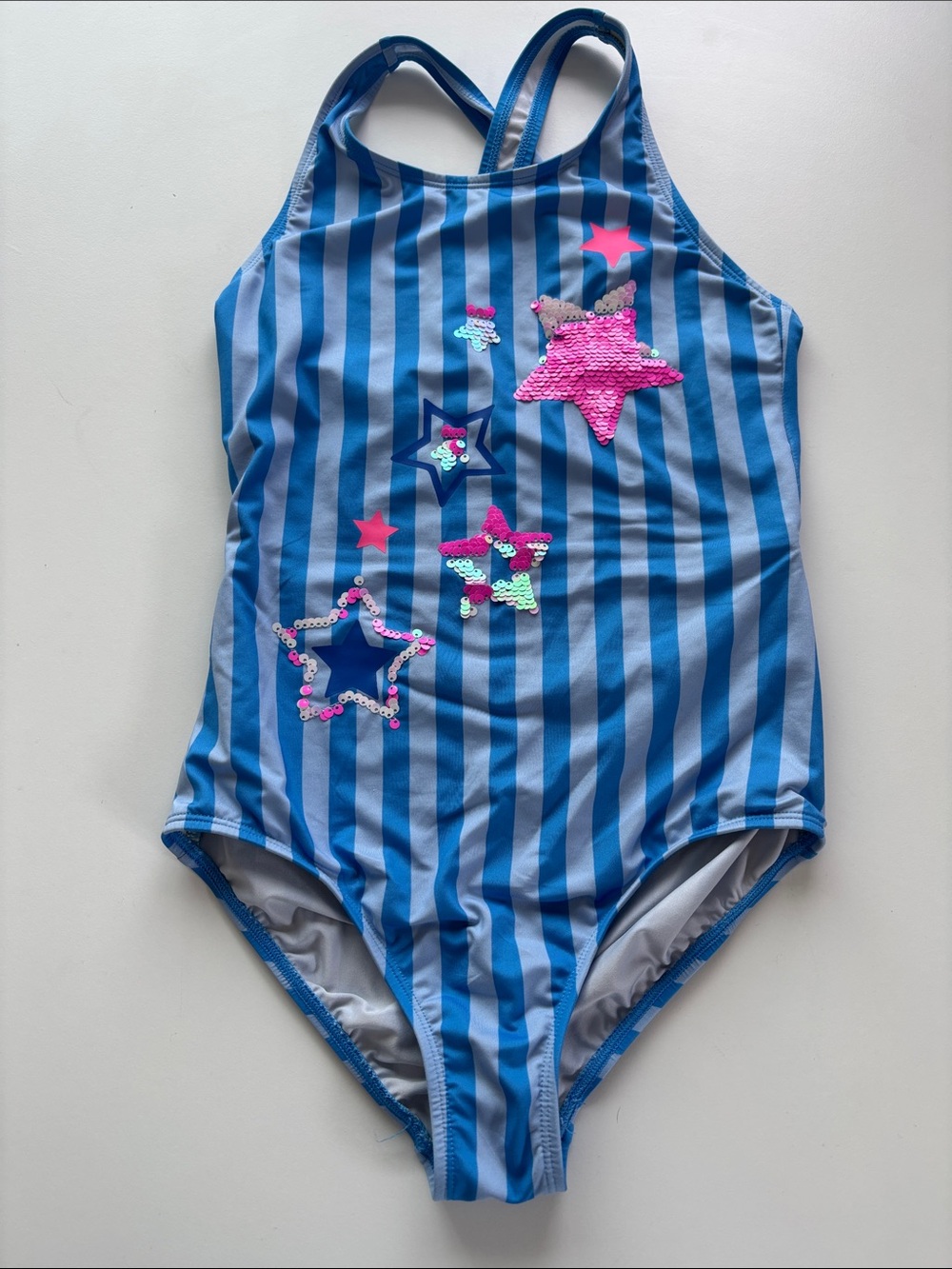 Lands' End Blue Striped One-Piece Swimsuit with Pink Sequin Stars -709sku